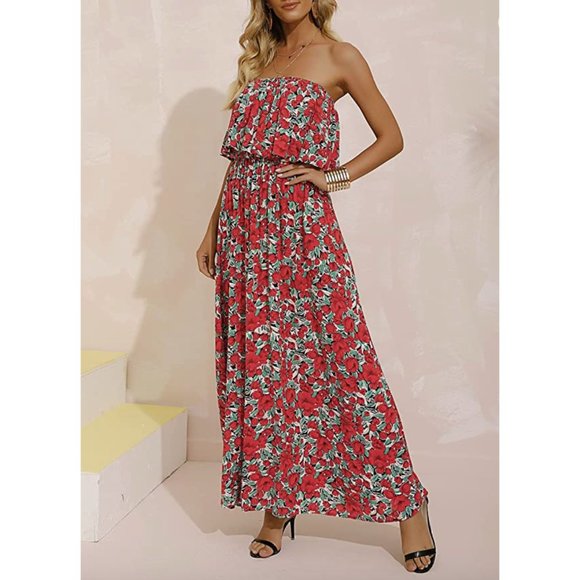 Boho Red Floral Printed Ruffle Strapless Flowy Long Summer Maxi Dress - Picture 6 of 6